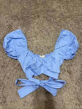 Altar'd State Baby Blue Puff-Sleeve Tie-Back Crop Top